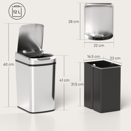 Homcom (Silver) HOMCOM 12L Sensor Bin, Automatic Touchless Motion Sensor Kitchen Bin 2