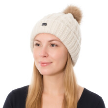 (Cream) Bobble Hat Knitted Pom Pom 2 in 1 Beanie Warm Gift