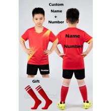 (Red Print Price, 2XS Height 130-140CM) Boys Football Jersey Tracksuit Child Soccer Sports Uniforms Kids Sportswear Football Suit