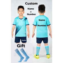 (Sky Blue Print Price, M Heigh 160-165CM) Boys Football Jersey Tracksuit Child Soccer Sports Uniforms Kids Sportswear Football Suit