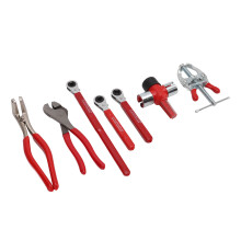 7pcs Steel Battery Service Kit with Pliers, Wrench & Brush, Red & Silver