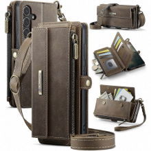 BrownGalaxy S25 FE Case with RFID Zipper Wallet, Leather Stand Cover & Strap