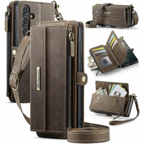 BrownGalaxy S25 FE Case with RFID Zipper Wallet, Leather Stand Cover & Strap
