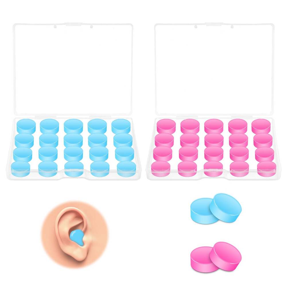 Blue/Pink 20 Pairs Silicone Earplugs For Sleeping, Reusable Gel Ear Plugs ( Pink)