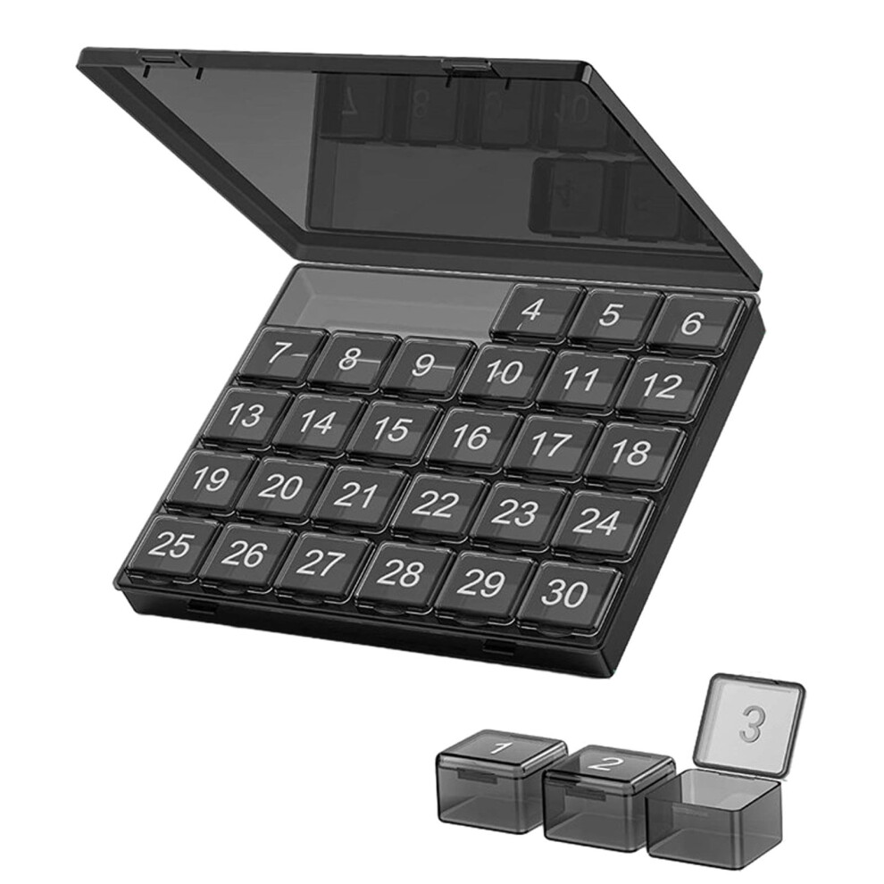 Black Travel Pill Organizer 30 Day Pill Box, Compact Monthly Pill Box, Large Travel Box For Pills,