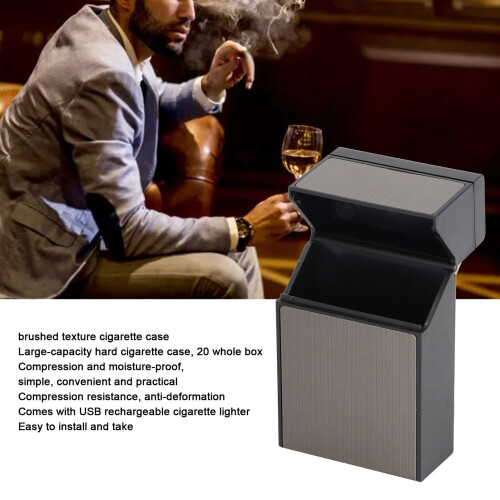20 Pack USB Rechargeable Brushed Black Cigarette Case with Lighter 2