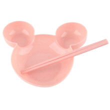 Baby cartoonförmiger pinker Plastik-Teller mit Doppelohrring, Löffel, Gabel & Stäbchen