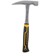 Geological hammer with steel head, pointed tip, nonslip handle for rock hunting.
