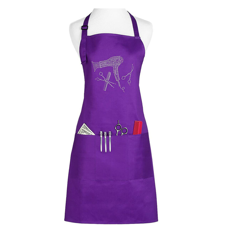 Adjustable Size Hairdresser Apron, Easy Care Fabric with Rhinestone Design, Three Pockets Waterproof Smock for Stylists, Multifunction Use in Salon a