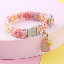 Cat and Small Dog Collar With Bells, Floral Collar, Safe Quick Release Buckle,  Engraved ID Tags (Heart)