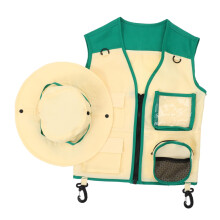 1 set of explorer clothing, cap, binoculars, catcher, outdoor fishing accessories, outdoor exploration hat, explorer vest, polyester, green.