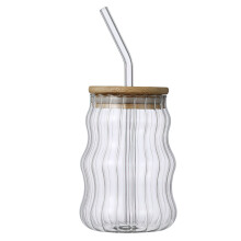 Kreative Glasbecher mit Deckel und Strohhalm im Vintage-Wellendesign, vielseitig verwendbar für Eiskaffee, Limonade und Saft, spülmaschinenfest