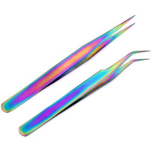Precision Craft Tools, Stainless Steel Tweezer with Easy To Use Extensions for Corrosion Resistance, 2 Pack Rainbow Baby Eyelash Applicator, Curved T