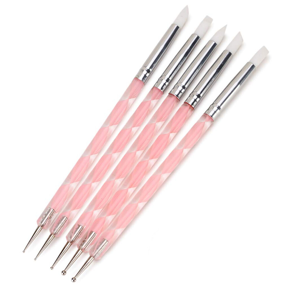 Artisan's Delight: 5Pcs Dual Tipped Nail Art Tools, Silicone Brushes For Precise Detailing, Rhinestone Adorned Acrylic Tube, Metal Handle For Stabili