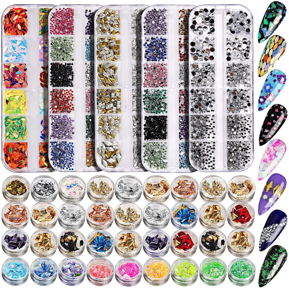 Professional Nail Gems & Pearl Charms For Stunning Nail Art, Easy To Apply Flatback Rhinestones & Foil Flakes In A Complete Decoration Kit