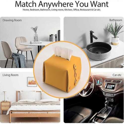 Leather Tissue Box Holder Rectangular Square, Tissue Box Cover Dispenser (Yellow) 2