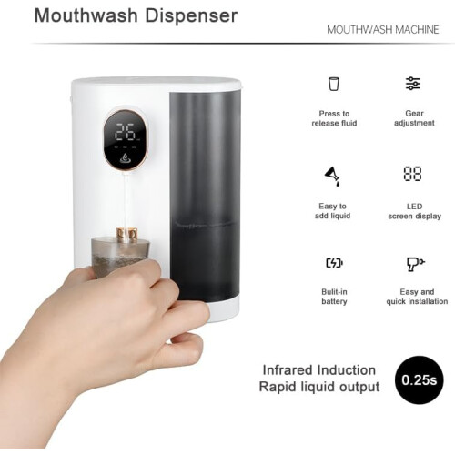 Automatic Mouthwash Dispenser Wall Mounted 600ml Touch Control LED Display with 2 Reusable Cups 1