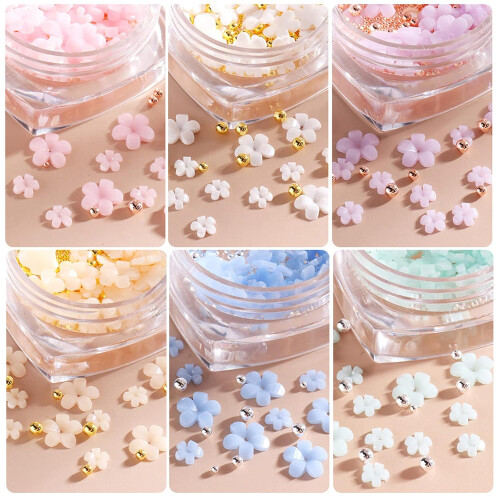Κομψή διακόσμηση νυχιών, τρισδιάστατα νύχια με λουλούδια και μαργαριτάρια για 1