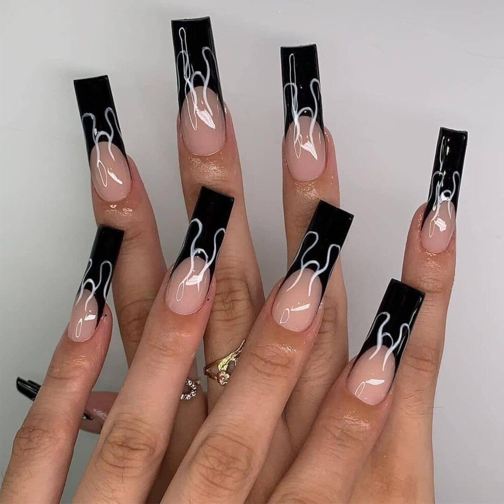 Square French Acrylic False Nails, Long-Lasting Performance Press On Nails, Timeless Nail Art for Women For Halloween Parties For Nightclubs