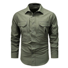 Outdoor Shirt Men's Long Sleeve Safari Shirt Breathable Button Down Casual Hiking Fishing Trekking With Pockets Green L