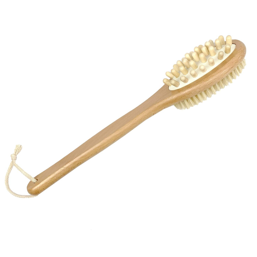 Long Handled Shower Brush for Body Scrubber Use, Natural Bristles Exfoliating Brush, Dry Brushing Tool with Lymphatic Drainage Benefits, Improve Circ