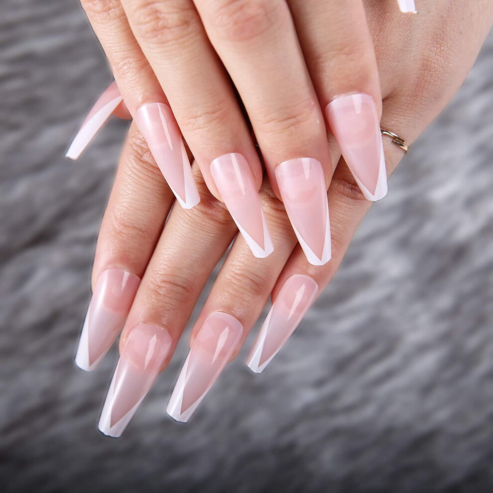Glossy Finish French Coffin Press On Nails, Long Lasting Artificial Fingers for Medium Long Length Manicures For Halloween Parties For Nightclubs
