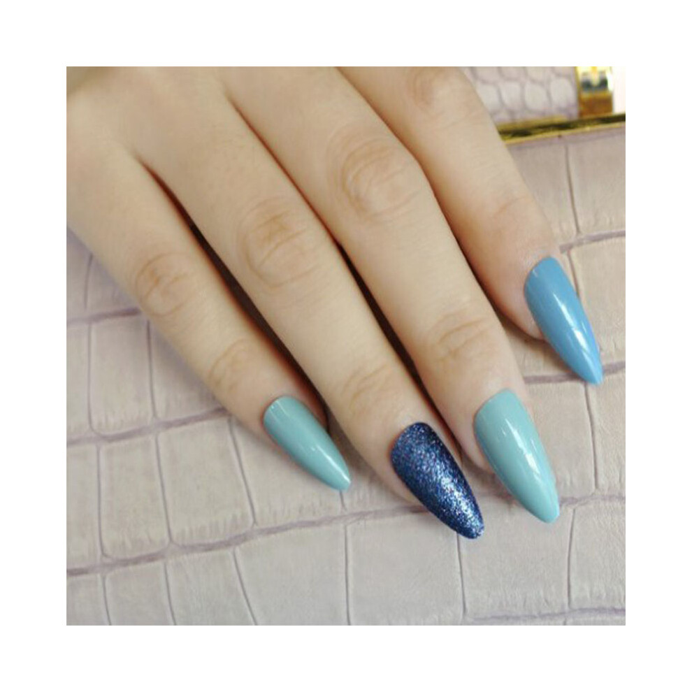Blue Almond Shaped Press On Nails, Reusable & Easy To Apply Salon-Quality Nails For Women, Waterproof & Non-Toxic, 24Pcs For Halloween Parties