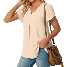 Blumenblatt-Ärmel V-Ausschnitt Top Damen Sommer lockeres legeres Pleated-Shirt Aprikose M