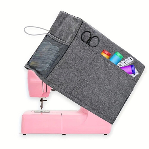 Waterproof PVC Sewing Machine Dust Cover with Storage Pockets, Foldable Grey Design