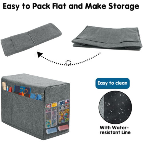 Waterproof PVC Sewing Machine Dust Cover with Storage Pockets, Foldable Grey Design 2