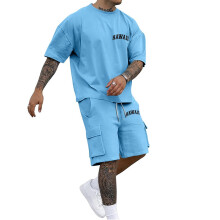 Men's Lightweight Letter Print Fitness Outfit Set Comfortable, Machine Washable Running Jacket and Trousers for Daily Wear, Sky Blue XL