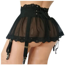 Women's Sexy Suspender Mini Skirt With Panties, Sheer Mesh LaceUp, Garter Belt With 4 Clips, Waisted Black M