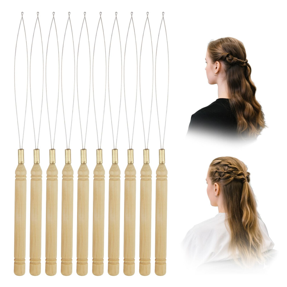 Unisex Hair Extensions 10Piece Wood Loop Needle Threader Wire Pulling Hook Tool For Micro Loop Nano Beads Feather Extensions