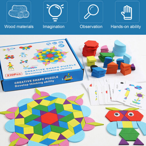 210Pcs Wooden Geometric Pattern Blocks Set, Educational Jigsaw Puzzle 2
