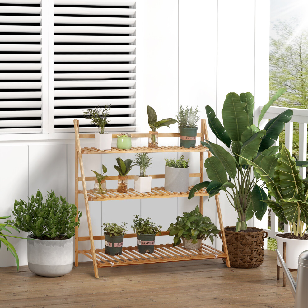 Outsunny 3-Tier Folding Bamboo Plant Stand Display Rack For Indoor & Outdoor