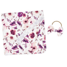 Floral Print Headband And Swaddle Set For Newborns Deep Purple Cotton Receiving Blanket Bow Headband Baby Photography