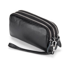(Black) Women Long Wallet Genuine Leather 3-Layer Zipper Purse Bag Large Capacity Wristlet Clutch Wallets Phone Bag Money Purses 2026