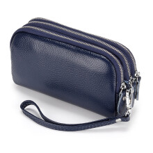 (Blue) Women Long Wallet Genuine Leather 3-Layer Zipper Purse Bag Large Capacity Wristlet Clutch Wallets Phone Bag Money Purses 2026