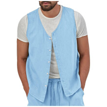 Linen Vest Men's VNeck Vest for Wedding Tuxedo Summer Lightweight L Sky Blue