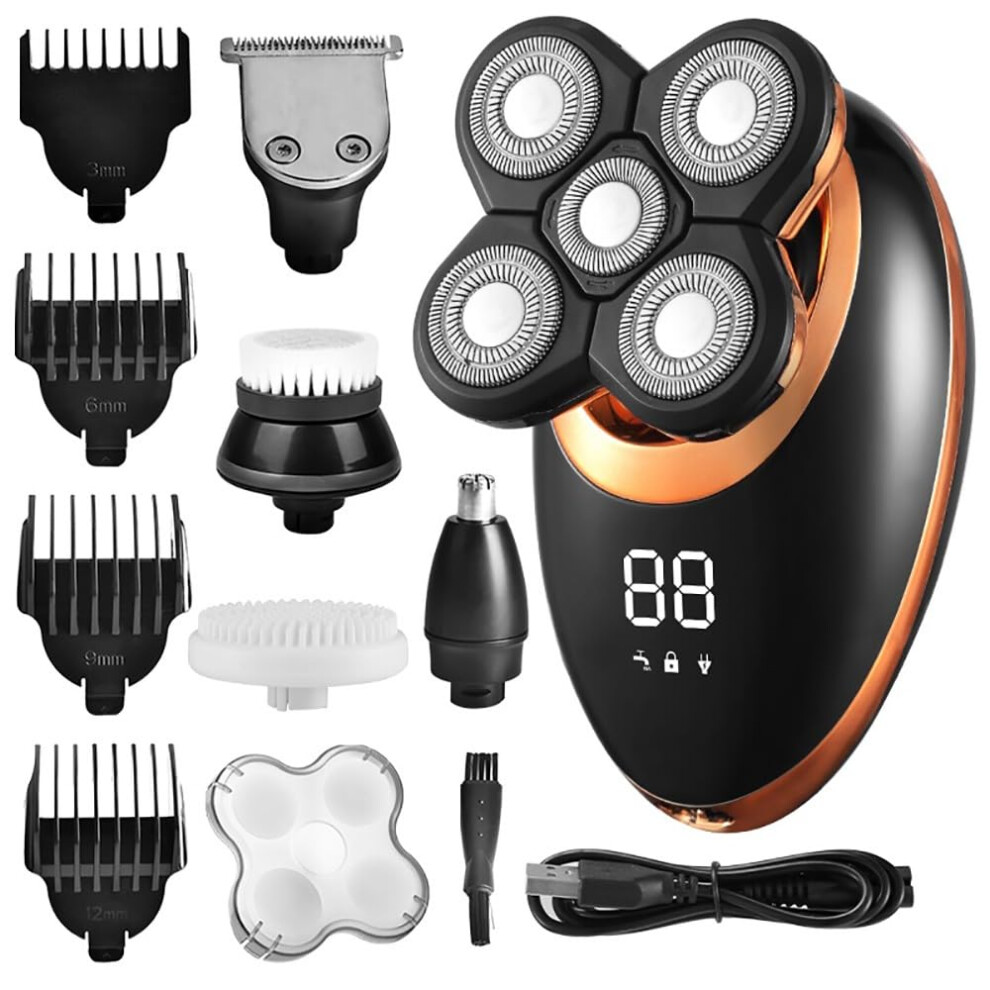 Golden Electric Beard Trimmer For Men, 5In1 Ipx7 Waterproof Electric Shaver For Men, Beard Hair Clipper, Rechargeable Bald Head Shaver