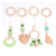 Set of 4 Baby Toy Wooden Teething Ring Pendant Set Handmade Baby Gymnastics Active Game Pram Toys Wooden for Pram and Baby Seat Green
