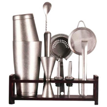 12PCS Stainless Steel Cocktail Shaker Set with Tools and Wooden Stand for Bartenders