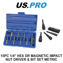 US PRO Tools 15pc 1/4" Hex Dr Magnetic Impact Nut Driver & Bit Set Metric 7169