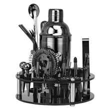 Black Stainless Steel Cocktail Shaker Set with Rotating Stand, 750ml Complete Bartending Kit