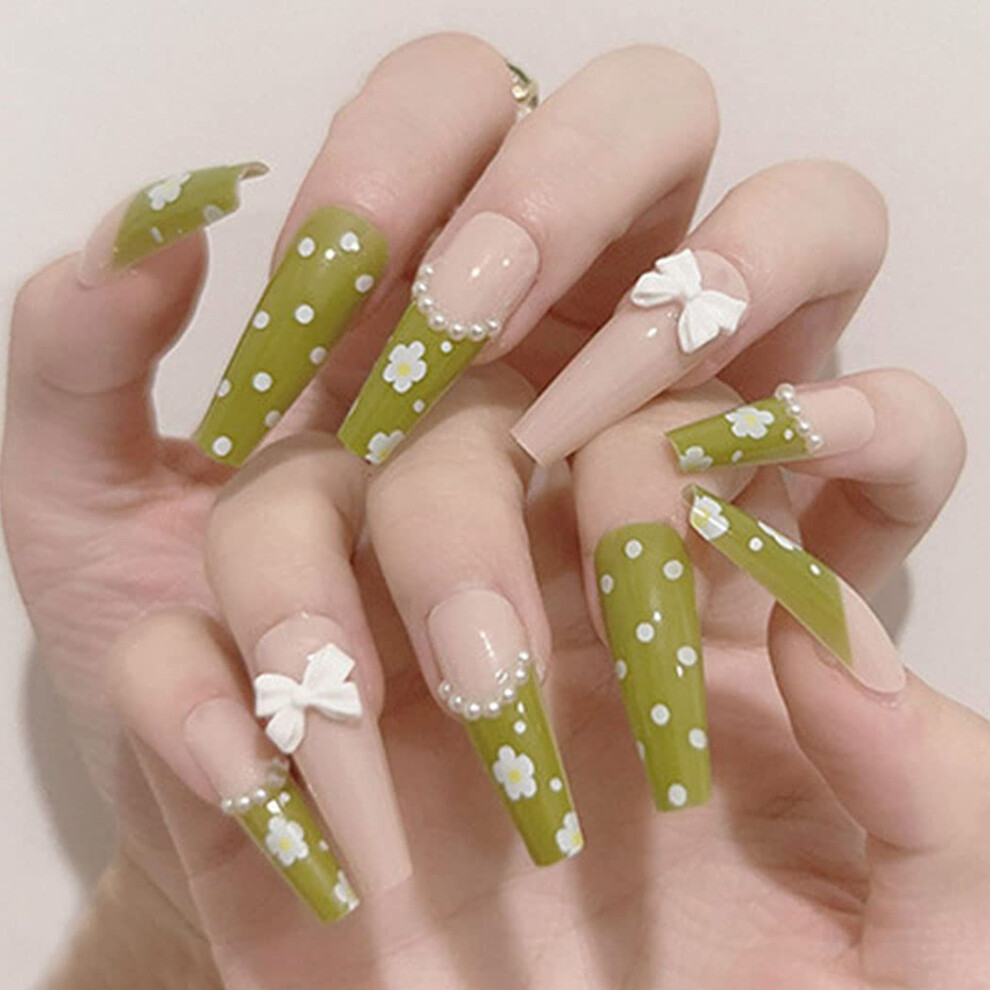Green Ballerina Butterfly False Nails With Designs, Rhinestone Full Cover Acrylic Nails Glossy, Suitable For Various Occasions Including Parties And