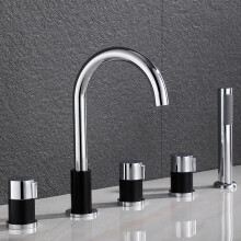 Shower Mixer 5Hole Bath Tap Set, Bathtub, Hot  Cold, 360 Rotation, Brass, 3Handle PullOut, Silver/Black Finish