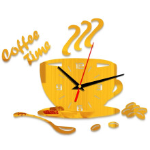 Coffee Cup Shaped Wall Clock Gold Finish With 3D Mirror Stickers, Contemporary Timepiece, DIY Kitchen Decor