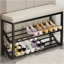 Shoe Entryway Bench with Seat, 2Tier Shoe Storage Organizer Stand Metal Shelves, Blackoff White