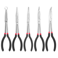 Needlenose pliers set, 27.9 cm, long reach, 5piece, with pouch, includes straight, 25, 45, 90 degree, Oring pliers for tight spaces.