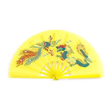2PCS Tai Chi Fan Kung Fu Martial Arts Folding Fans with Dragon Phoenix Design for Dance Performance Yellow
